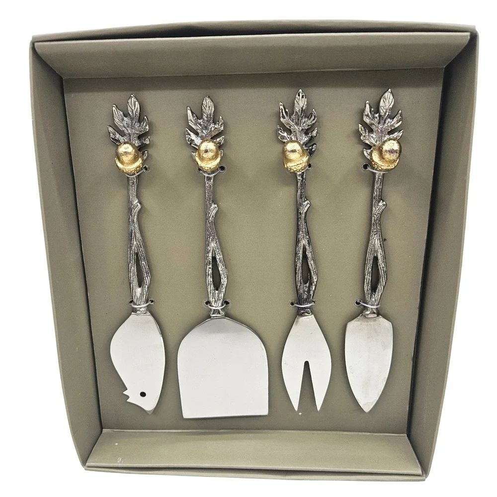 4pc Acorn Oak Leaf Cheese Knife Set Silver Gold Twig Handle Nature Theme NEW